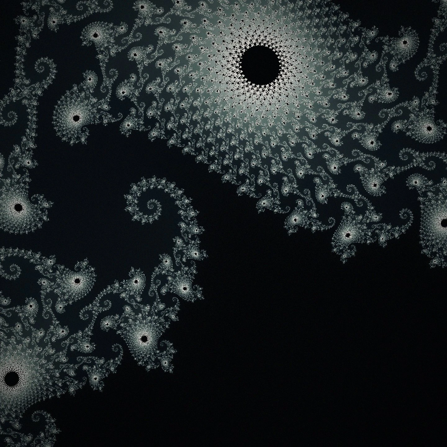 A cold, pale fractal on a near-black field: jagged broken spires like a ruined cathedral or a wreck rising out of darkness.